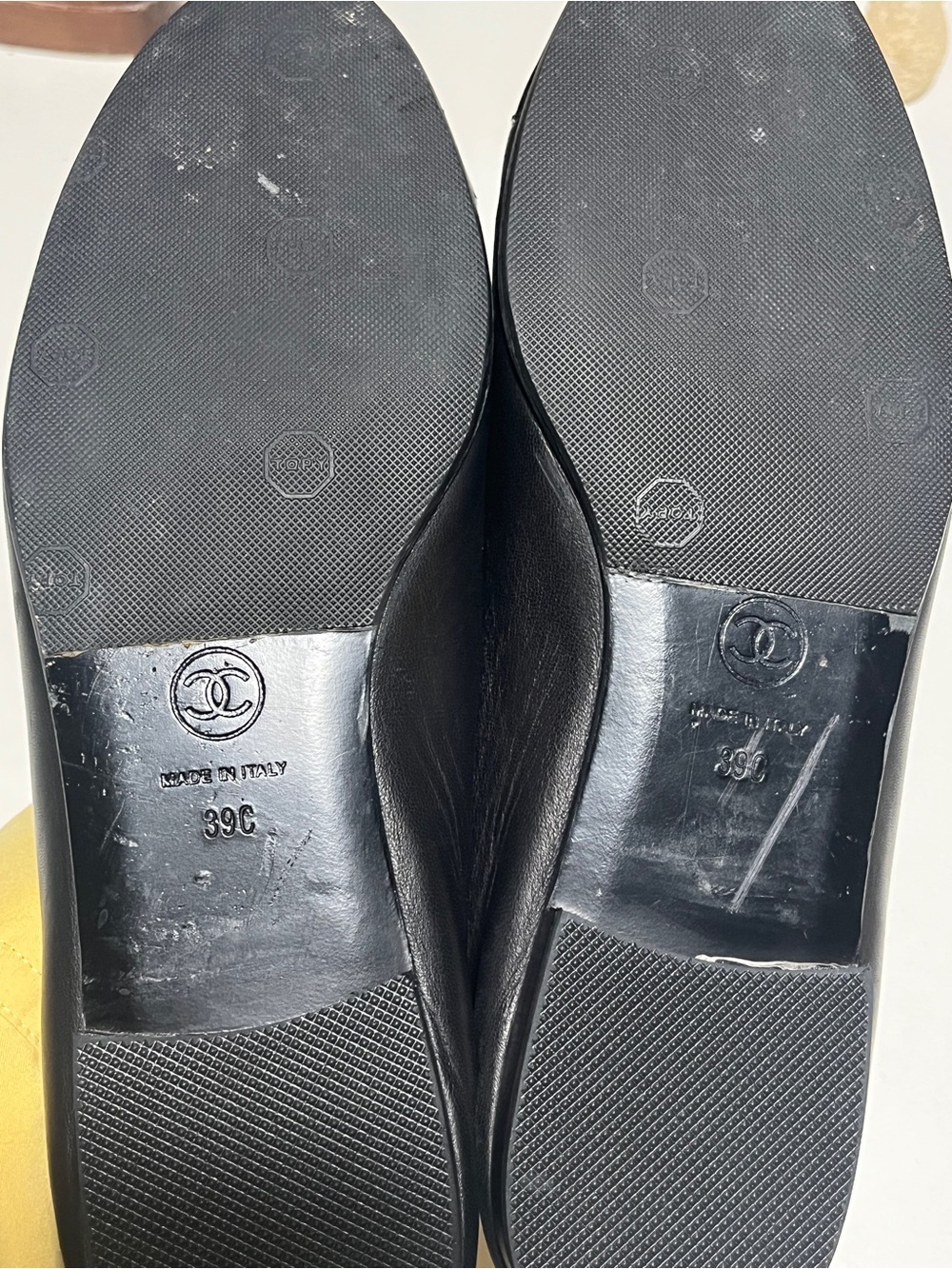 CHANEL Black Leather Ballet Flats with Patent Cap Toe and Logo - Picture 9 of 14